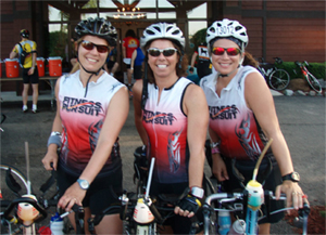 (left to right): Twyla Becker, Selina Carpenter, and Lisa McCauley take advantage of a rest stop on the ride.